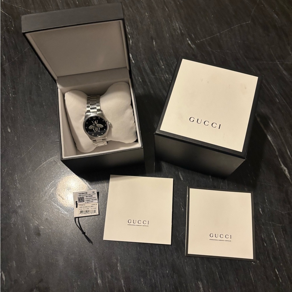 Gucci Men's Watch with Black Dial and Silver Band